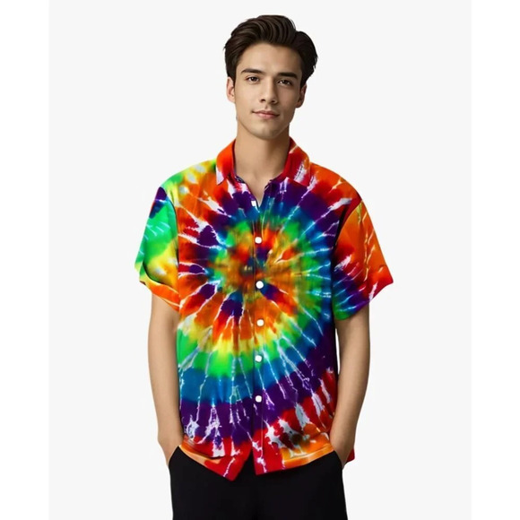 ❤️Men Rainbow Print Short Sleeve Hawaiian Fit Casual Button Down Beach Shirts - Picture 3 of 7